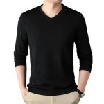 Pull homme col v manches longues automne hiver casual pullover couleur unie tissu confortable - noir