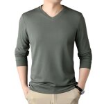 Pull homme col v manches longues automne hiver casual pullover couleur unie tissu confortable - vert
