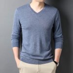 Pull homme insfity - 100%laine doux col en v manches longues automne hiver - gris bleu
