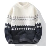 Pull homme motif argyle col mi - haute chaude douce confortable en chenille - beige blanc - insfity - ... Pull homme motif argyle col mi - haute chaude douce confortable en chenille - beige blanc - insfity - ...
