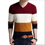 Pull homme rayé carreau patchwork bordeaux col v chandail doux manches longues casual - insfity Pull homme rayé carreau patchwork bordeaux col v chandail doux manches longues casual - insfity
