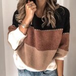 Pull femme bicolore  col rond ? manches longues style dcontract chic automne 2025noir et marron