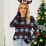 Pull noël femme en tricot insfity - col rond motif flocons de neige - bleu Pull noël femme en tricot insfity - col rond motif flocons de neige - bleu