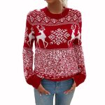 Pull de noël en tricot pour femme - funmoon - manches longues - col rond - motif wapiti - rouge Pull de noël en tricot pour femme - funmoon - manches longues - col rond - motif wapiti - rouge