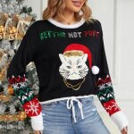 Pull de noël en tricoté femme broderie chat coupe décontractée court - noir - insfity Pull de noël en tricoté femme broderie chat coupe décontractée court - noir - insfity