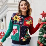 Pull - over noël femme en tricot tricolore rouge vert manches longues - joyeux noël! - bleu marine Pull - over noël femme en tricot tricolore rouge vert manches longues - joyeux noël! - bleu marine