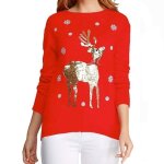 Pull - over nol jacquard paillettes col arrondi femme - insfity - rouge - manches longues - confortable ...