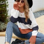 Pull femme tricoté rayé tricolore insfity - coupe décontractée - bleu marine Pull femme tricoté rayé tricolore insfity - coupe décontractée - bleu marine