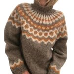 Pull rétro pour femmes en tricoté à imprimé floral vintage à col roulé chaud - kaki - marron - col roulé ... Pull rétro pour femmes en tricoté à imprimé floral vintage à col roulé chaud - kaki - marron - col roulé ...