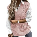 Pull sans manches tricot� col en v pour femme - couleur unie rose - style preppy streetwear vintage