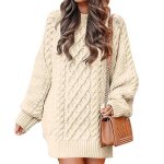Pull en tricot femme chaude mi - long automne hiver pullover col rond manches longues couleur unie - ...