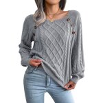 Pull tricot femme gris - automne hiver dcontract - col carr clou - boutonnage
