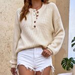 Pull en tricot femme insfity - col boutonn - manches longues - couleur unie abricot