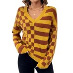 Pull en tricot femme rayure carreaux insfity - col v manches longues - marron jaune Pull en tricot femme rayure carreaux insfity - col v manches longues - marron jaune