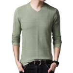 Pull en tricot homme carreau - col en v - lger tissu doux slim couleur unie - vert