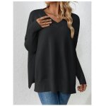 Pull en tricot col en v femme coupe dcontracte manches longues automne hiver - noir