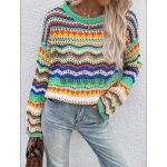 Pull tricoté creux coloré - ecelen - automne hiver - col rond - rayé - femme Pull tricoté creux coloré - ecelen - automne hiver - col rond - rayé - femme
