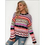 Pull tricoté creux coloré - ecelen - automne hiver - col rond - rayé - femme Pull tricoté creux coloré - ecelen - automne hiver - col rond - rayé - femme
