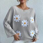 Pull en tricot� femme broderie fleurs coupe d�contract�e manches longues - gris