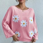 Pull en tricot femme broderie fleurs - insfity - coupe dcontracte manches longues - rose