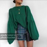 Pull tricot� femme - funmoon - manches longues lanterne - vert