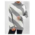 Pull en tricoté femme - insfity - rayures gris blanc - col roulé - manches longues Pull en tricoté femme - insfity - rayures gris blanc - col roulé - manches longues
