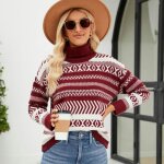 Pull en tricot femme - insfity - rouge - col roul rayure dcontracte manches longues chaude hiver ...