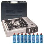 R�chaud � gaz 2200w + 8 cartouches de gaz d�tendeur de pression double syst�me de s�curit�. puissance ...