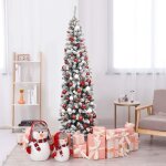 Relax4life arbre de nol led 227cm au crayon floqu de neige base pliable en mtal sapin de nol pour ...