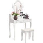 Relax4life coiffeuse table de maquillage avec miroir rond 4 tiroirs et tabouret en coussin doux pieds ...
