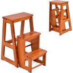 Relax4life escabeau tabouret pliant 3 marches en bois naturel de pin multifonctionnel portable pour cuisine ...