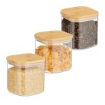 Relaxdays lot de 3 bocaux en verre couvercle en bambou carré conservation 600 ml hermétique transparent ... Relaxdays lot de 3 bocaux en verre couvercle en bambou carré conservation 600 ml hermétique transparent ...