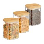 Relaxdays lot de 3 bocaux en verre couvercle en bambou carré conservation 900 ml hermétique transparent ... Relaxdays lot de 3 bocaux en verre couvercle en bambou carré conservation 900 ml hermétique transparent ...
