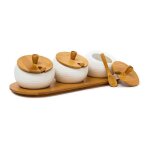 Relaxdays 3 pots d�pices jiao en c�ramique et bambou hxlxp: 85 x 305 x 12 cm avec couvercle et cuill�res ...