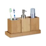 Relaxdays accessoires de bain porte brosse  dents porte - savon liquide 4 pices en bambou nature