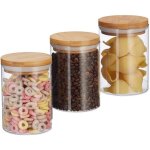 Relaxdays botes de stockage en verre jeu de 3 tailles 600 mlptes riz crales caf d 5 cm bambou