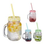 Relaxdays jarres avec paille et couvercle en lot de 4 volume: 500ml design rtro verre avec anse multicolore ...