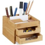 Relaxdays organiseur de bureau bambou distributeur de bureau porte - stylos 2 tiroirs hxlxp: 95 x 125 ...