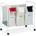 Relaxdays panier  linge 3 compartiments 100 litres corbeille 3 bacs sac a linge roulettes 76 x 80 x ...