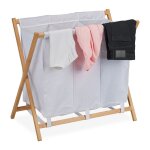 Relaxdays panier  linge 3 compartiments de 38 l chacun pliable structure bambou hxlxp: 71x74x42 cm blanc ...