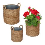 Relaxdays pot de fleur rond lot de 3 en zostre panier pour herbes plantes et fleurs jardin balcon nature ...