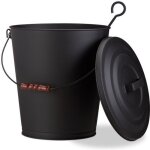 Relaxdays seau  cendres avec couvercle seau de charbon en acier cendrier anse bois 24 litres noir