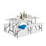 Relaxdays set 3x meubles 1 table & 2 bancs pliants uni jardin barbecue hlp 74x180x745cm blanc