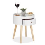 Relaxdays table d?appoint ronde tiroir pieds en bois design scandinave minimaliste hxd 46 x 38 cm blanc ...