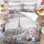 R�tro tour eiffel roses fleurs parure de lit 3 pieces 1 housse de couette 220 * 240cm et 2 taies doreillers ...