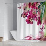 Rideau de douche fleurs orchid�es papillons reflets anneaux inclus 3d effect imperm�able 180 x 200 cm ...