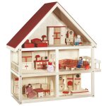 Maison de poupée en bois naturel roba - toit à pignon rouge - 3 Étages - 4 poupées et meubles miniatures ... Maison de poupée en bois naturel roba - toit à pignon rouge - 3 Étages - 4 poupées et meubles miniatures ...