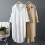Robe ample chemise mi - longue en coton et lin pour femme veste de protection solaire dcontracte blanc ...