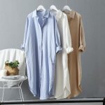 Robe ample chemise mi - longue en coton et lin pour femme veste de protection solaire dcontracte bleu ...