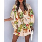 Robe ample  lacets style boho pour femmes dcontracte col en v imprim mini robe irrgulire t beige ...